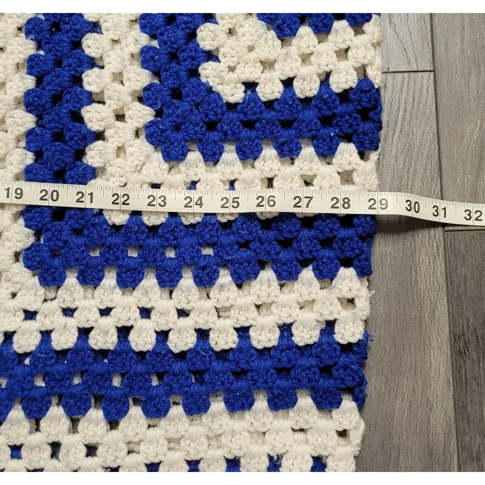 Handmade Crocheted Blanket Throw Granny Square Pattern Blue White Approx 60 x 58